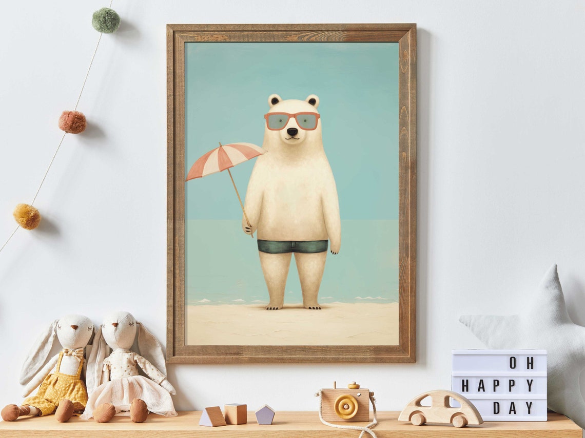 Polar Bear on Beach with Sunglasses and Striped Parasol Poster