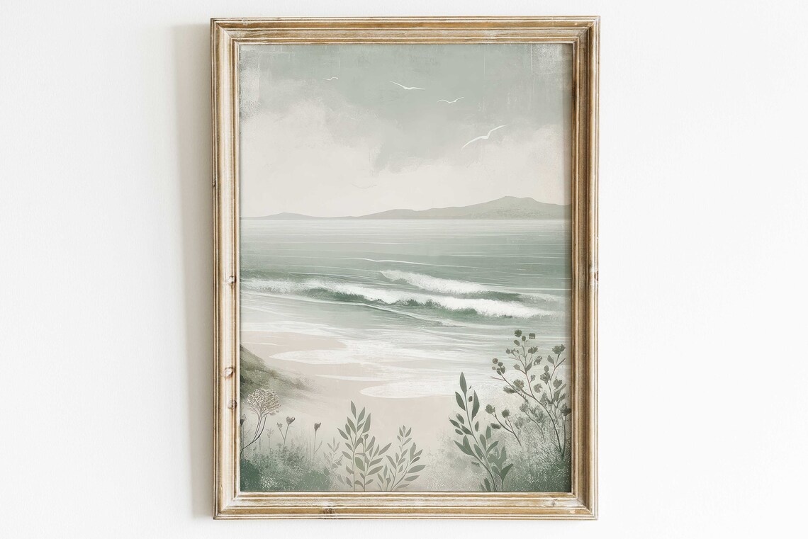 Sea Painting Coastal Wall Art Print, Sage Green