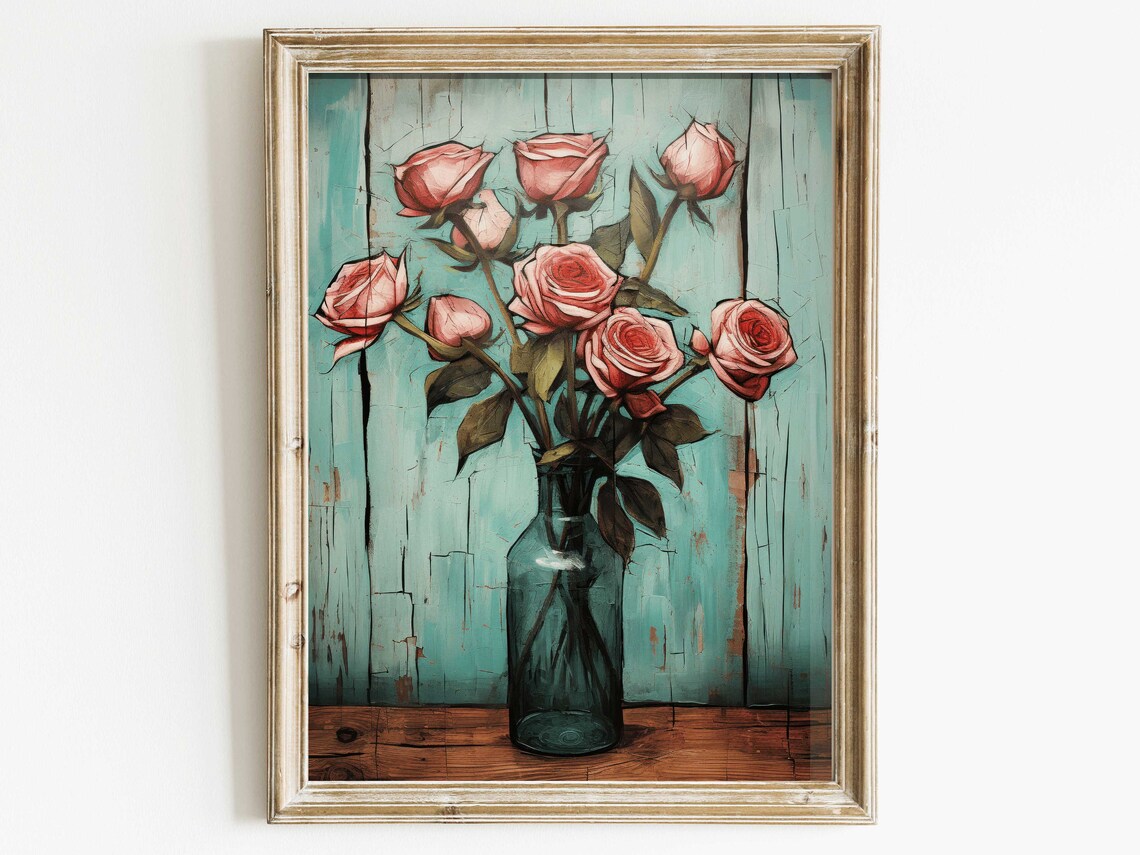 Pink Roses in Glass Bottle on Teal Distressed Wood Floral Poster