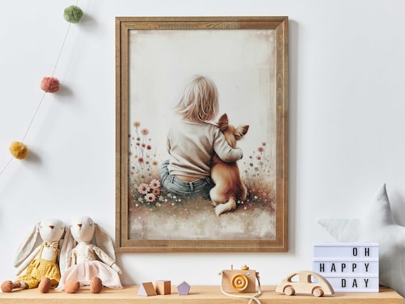 Little Girl Hugging Her Chihuahua in Wildflowers Kids Room Wall Poster