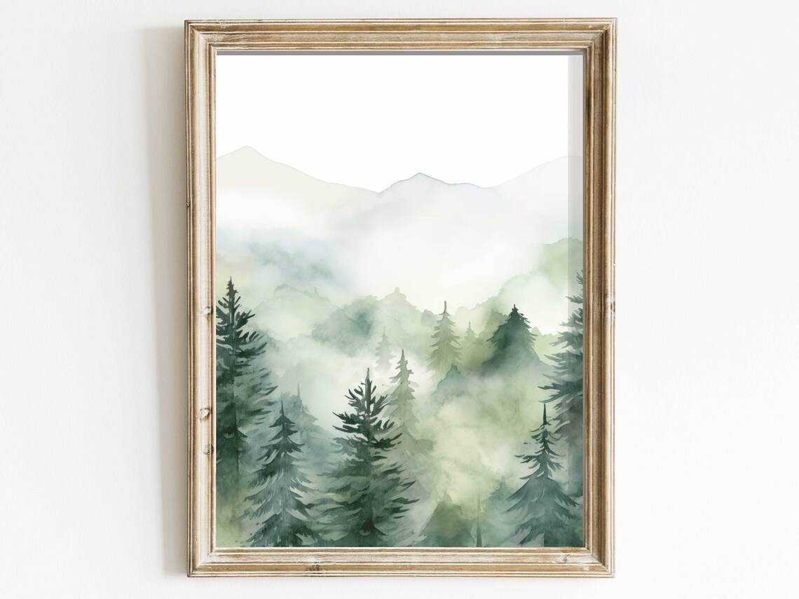 Misty Forest Mountain Watercolor Landscape Art Print