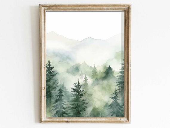 Misty Forest Mountain Watercolor Landscape Art Print