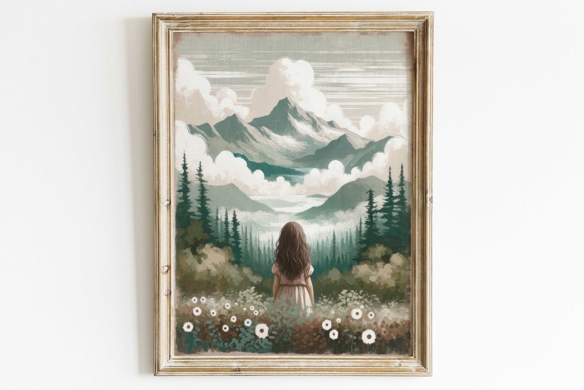 Girl Gazing At Misty Mountains With Wildflowers Adventure Poster - Image 3