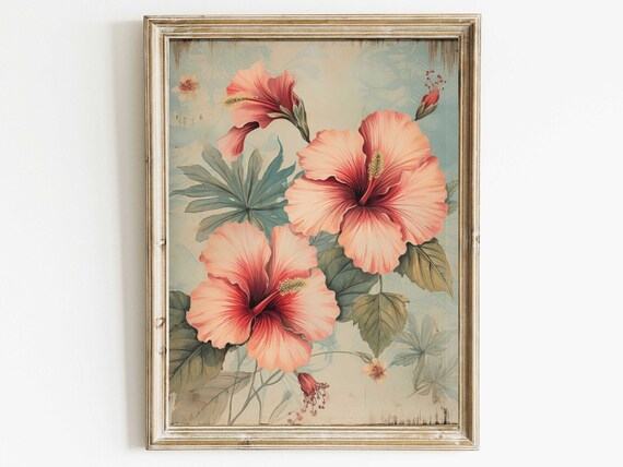 Pink Hibiscus Wall Art Vintage Floral Decor Rustic Flower Art Print Country Home Decor Farmhouse Wall Decor Art