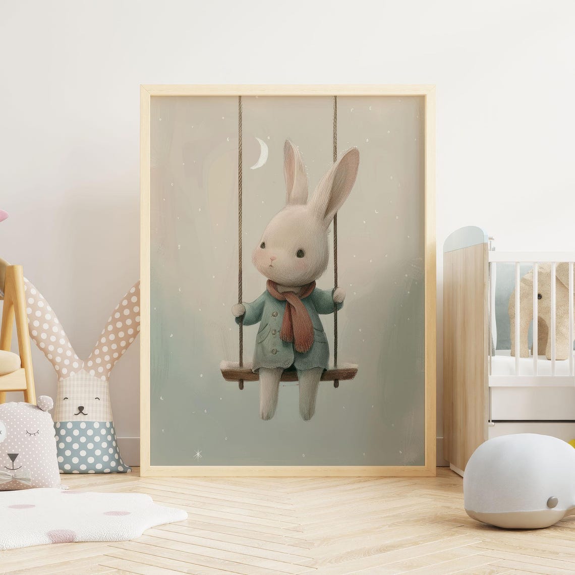Bunny on Swing Under Crescent Moon Nursery Watercolor Poster - Image 2