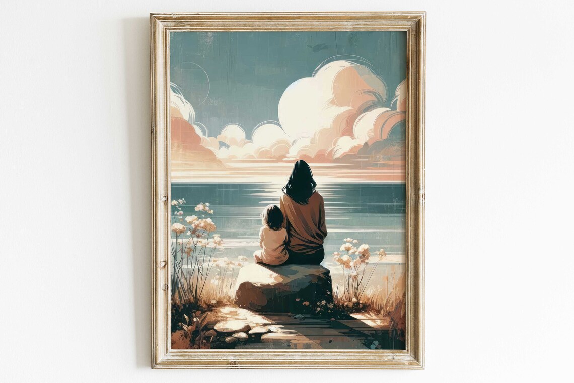 Mother And Daughter By The Sea At Sunset Vintage Style Poster