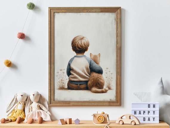 Boy Hugging Ginger Cat Poster Tender Watercolor Nursery Friendship Art