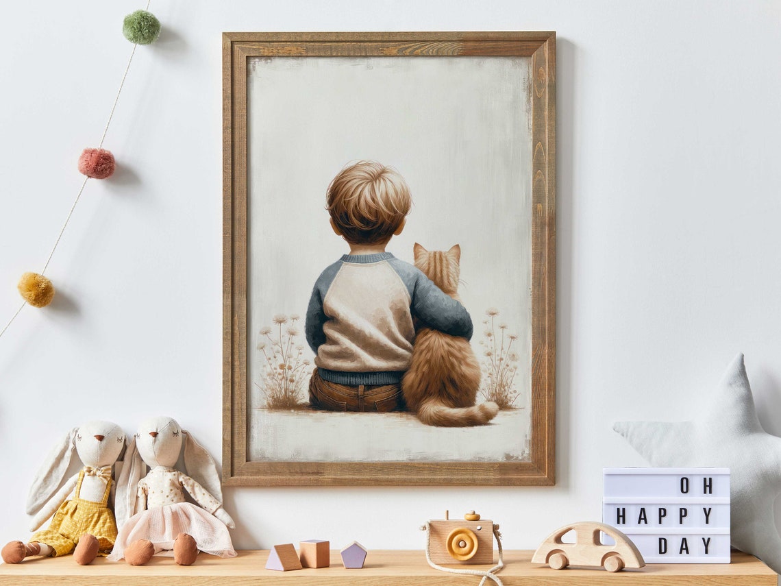Boy Hugging Ginger Cat Poster Tender Watercolor Nursery Friendship Art