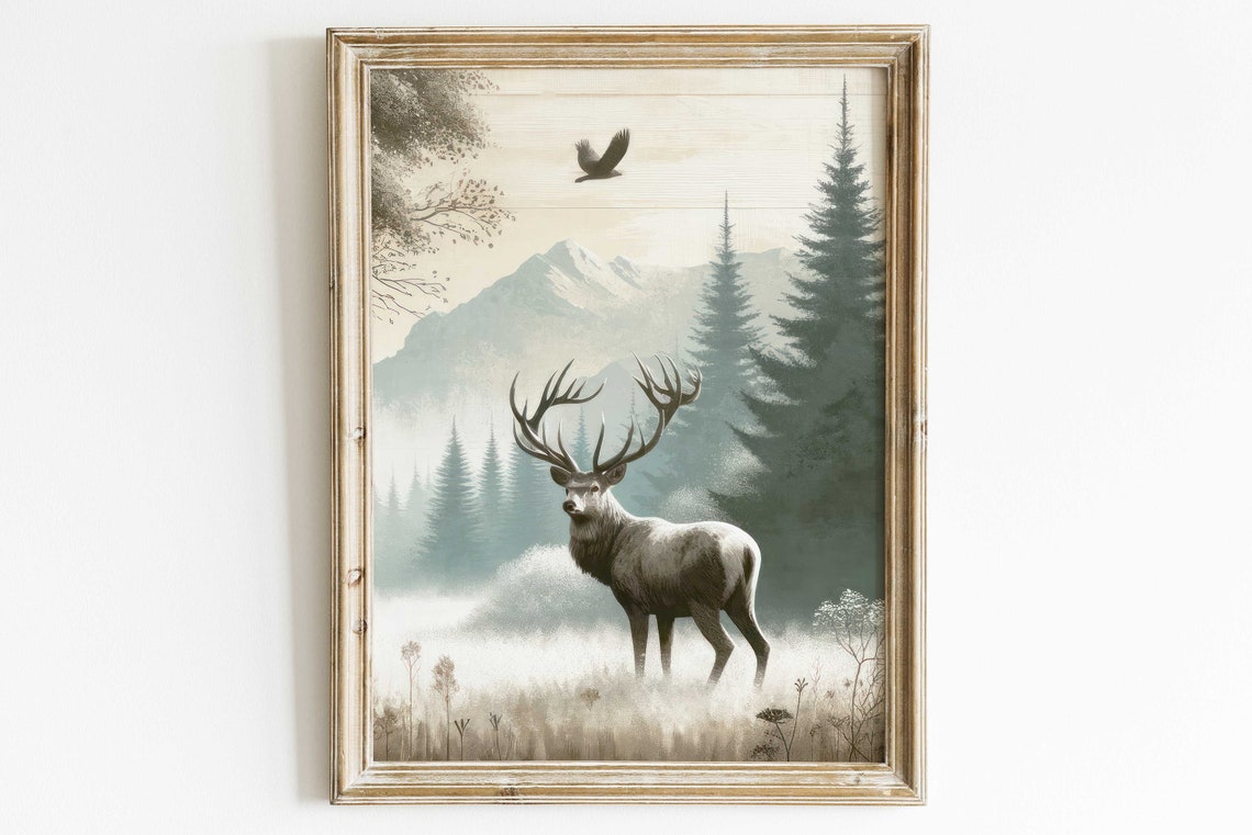 Stag Standing In Misty Mountain Meadow With Pine Forest Poster Art