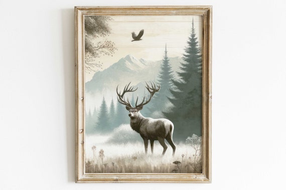 Stag Standing In Misty Mountain Meadow With Pine Forest Poster Art