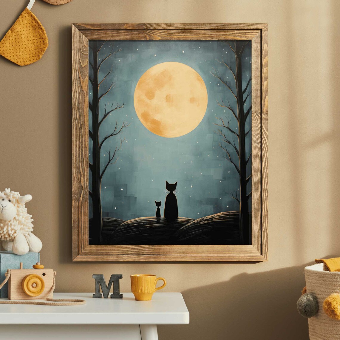 Two Cats Watching a Big Golden Moon in a Starry Night Poster - Image 2