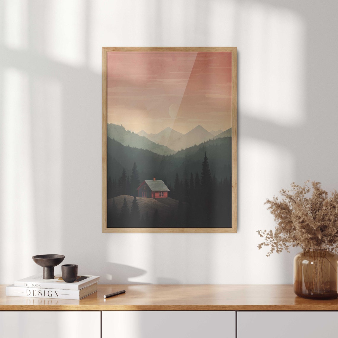 Red Cabin Nestled in Misty Layered Mountains at Sunset Poster - Image 2