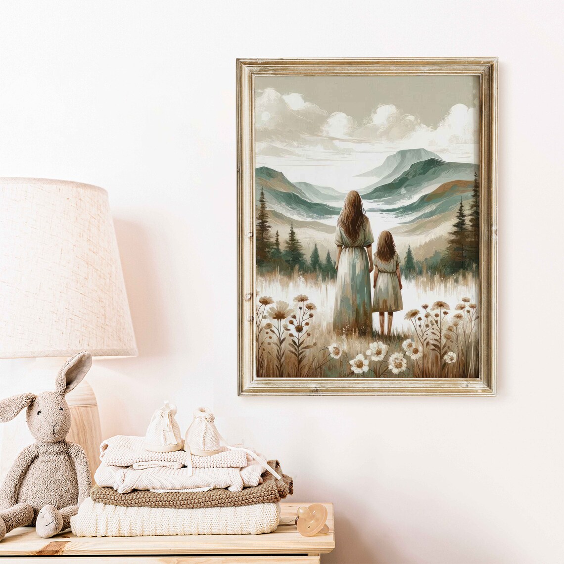 Mother and Daughter Gazing Over Misty Mountain Valley Poster - Image 2