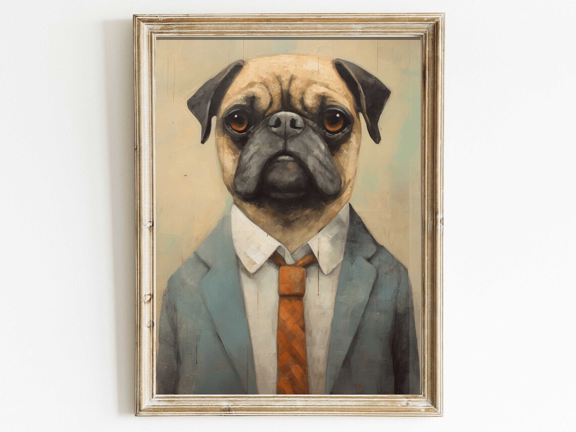 Funny Pug Wearing Suit and Tie Dressed Dog Portrait Art Poster