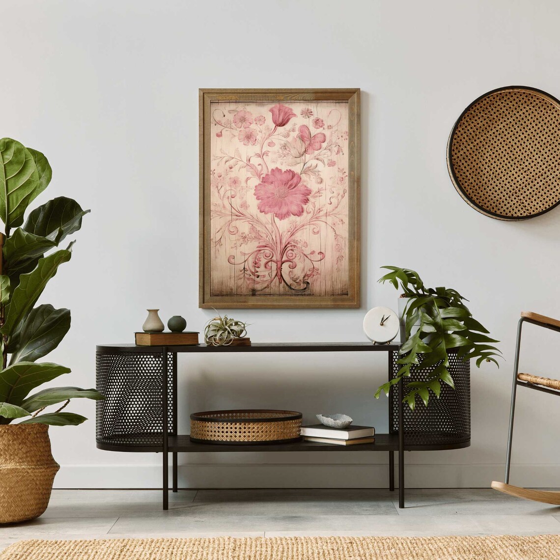 Pink Vintage Floral Poster Wood Panel Romantic Farmhouse Wall Decor - Image 3