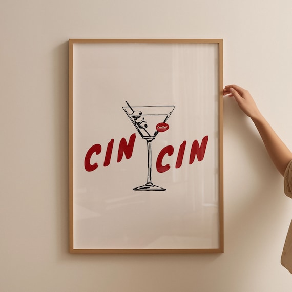 Cin Cin Martini Cocktail Cheers Retro Minimalist Kitchen Bar Print