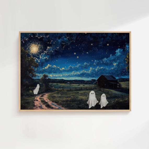 Ghosts In Painting Print Vintage Landscape Poster Halloween Farmhouse Decor Trendy