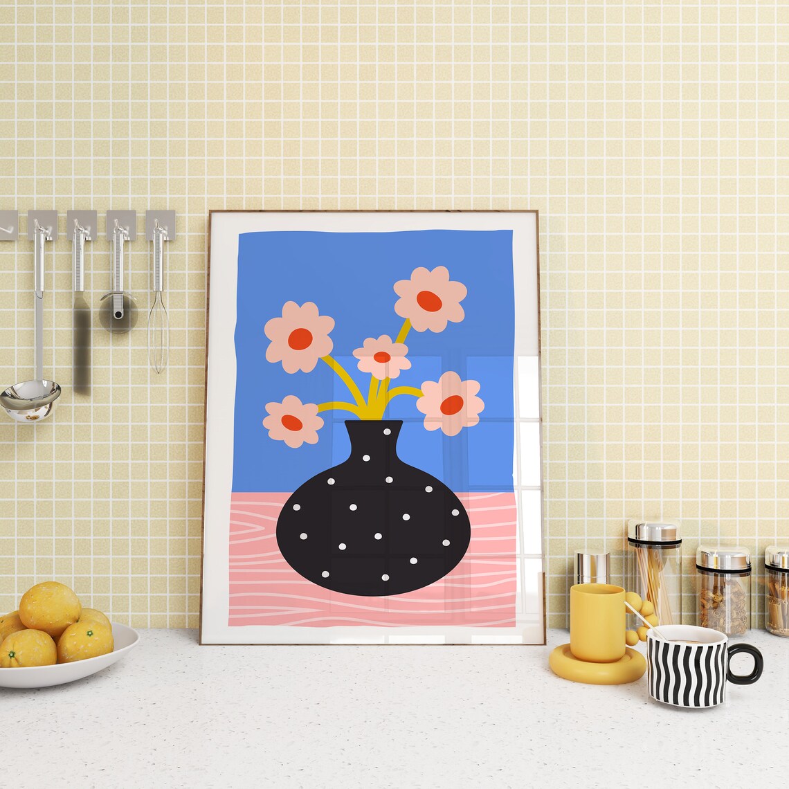 Retro Pink Flowers In Black Dotted Vase Minimalist Floral Poster