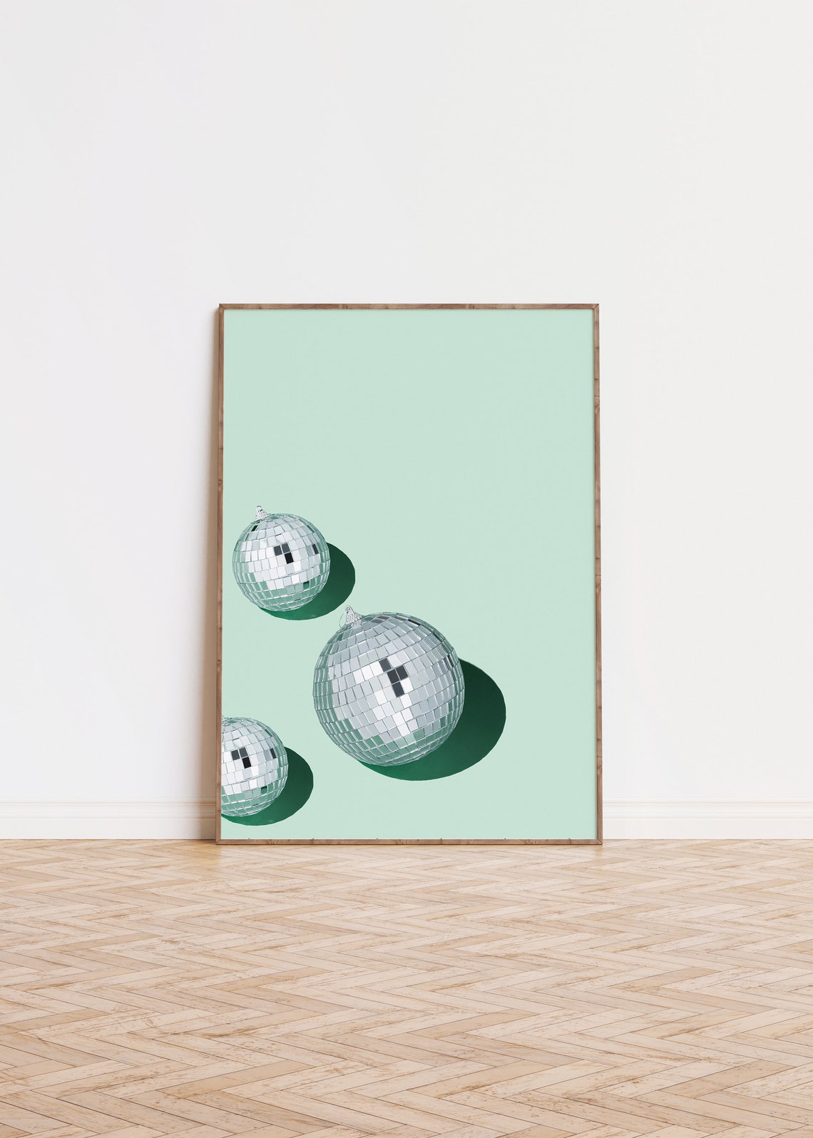 Three Disco Mirror Balls On Mint Green Retro 70s Party Poster