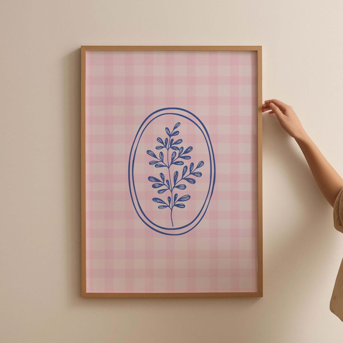 Pink Gingham Botanical Leaf Oval Navy Line Art Nursery Print
