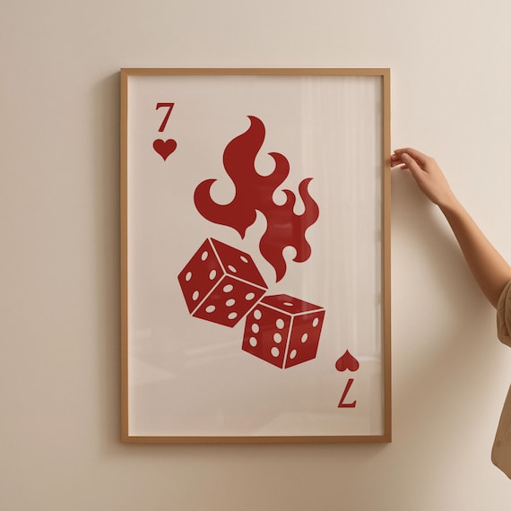 Red Flaming Dice Seven of Hearts Playing Card Retro Casino Poster