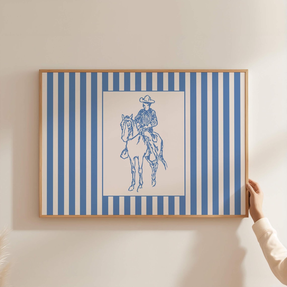 Cowboy On Horse Blue Line Drawing On Striped Western Bedroom Poster