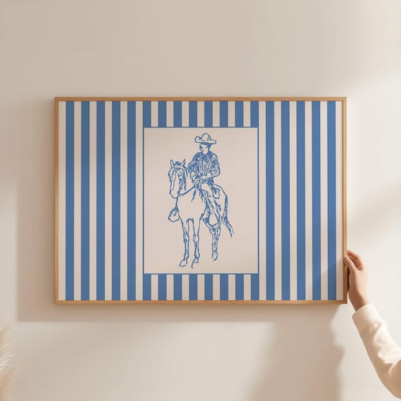 Cowboy On Horse Blue Line Drawing On Striped Western Bedroom Poster