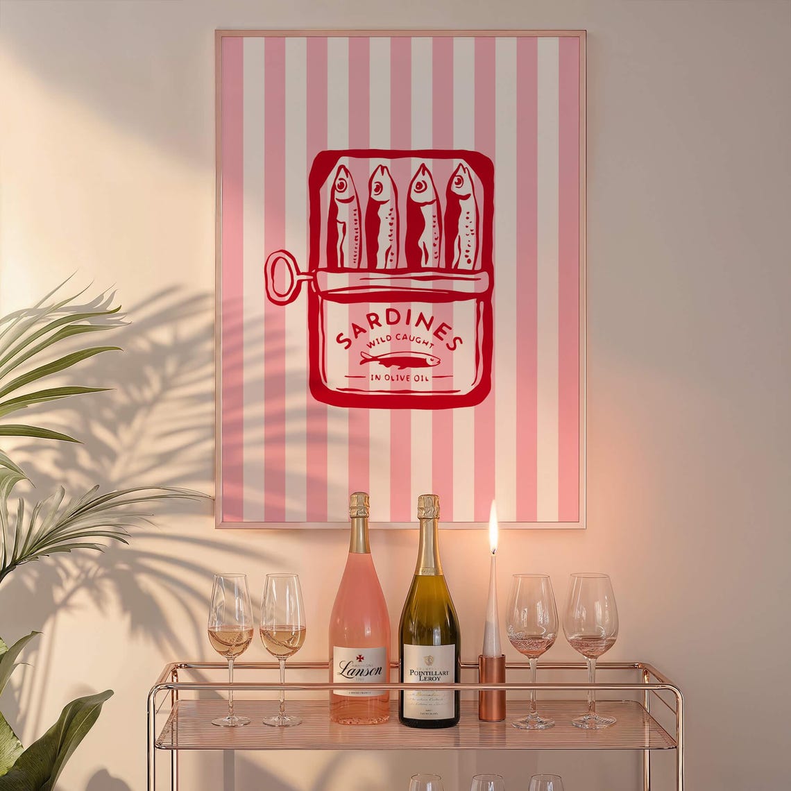 Sardines Wild Caught Tin Poster Red Pink Striped Kitchen Decor