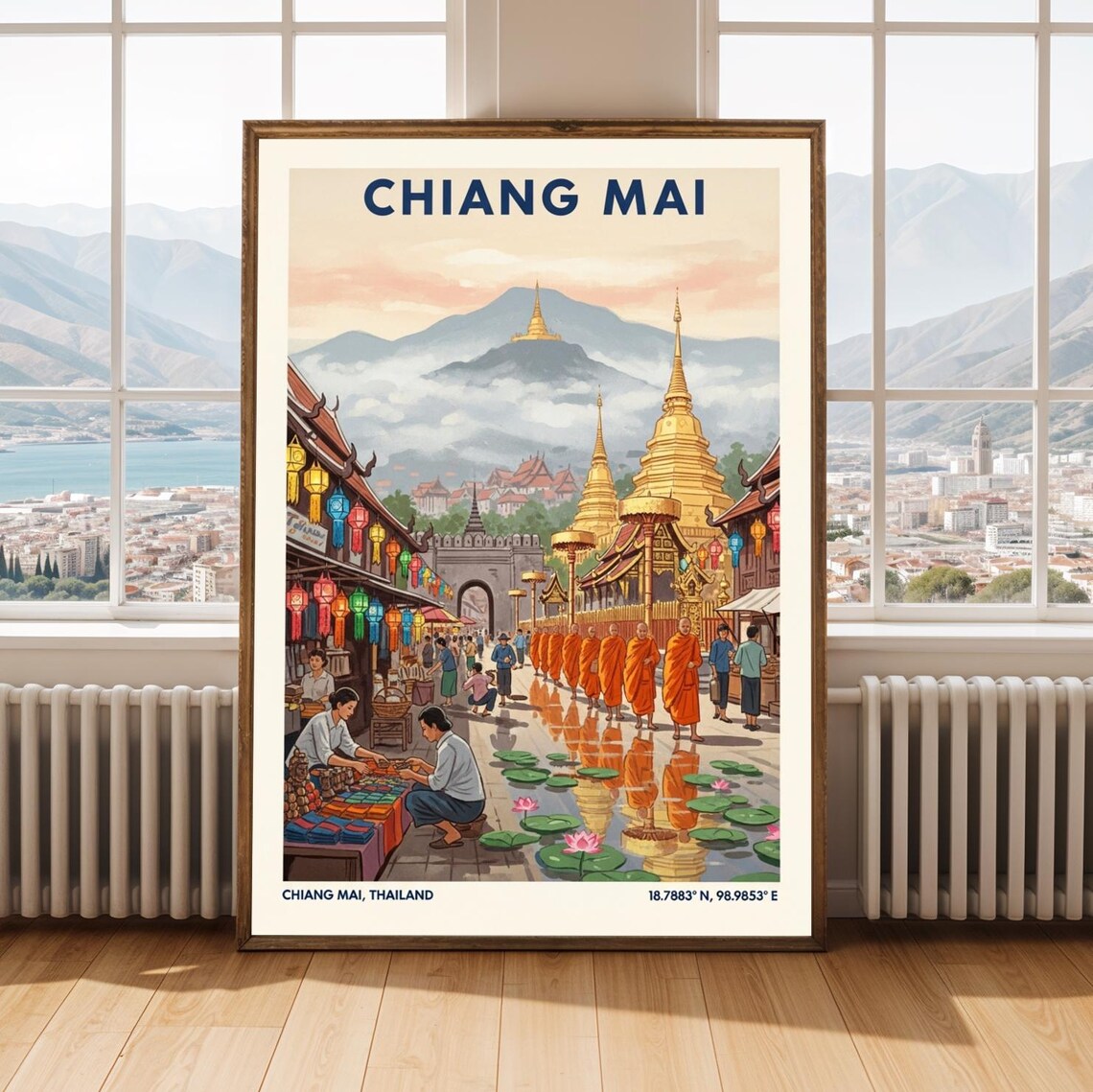 Chiang Mai Thailand Golden Temple Monks and Lantern Travel Poster