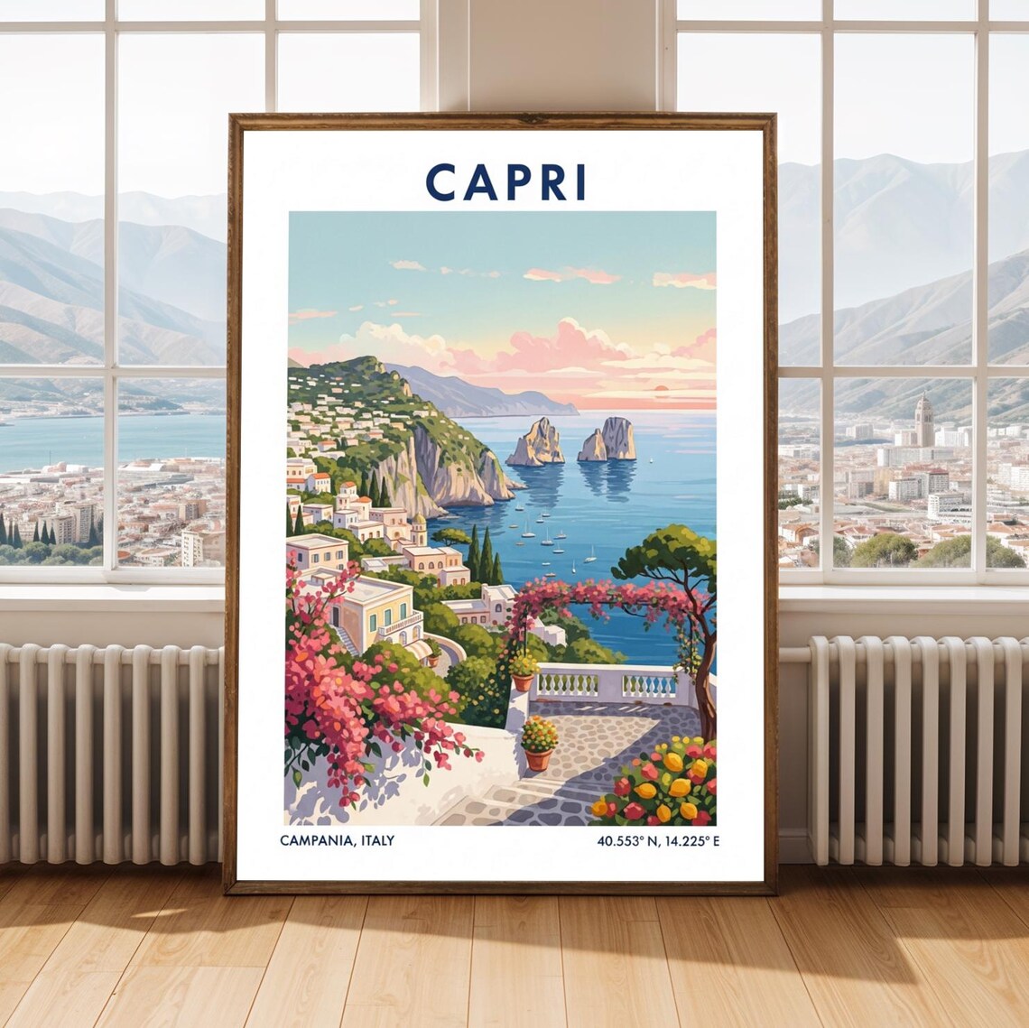 Capri Italy Faraglioni Rocks Cliffs Bougainvillea Vintage Travel Poster