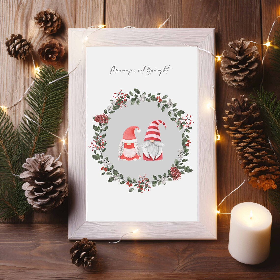 Merry And Bright Watercolour Gnome Couple Christmas Print - Image 3