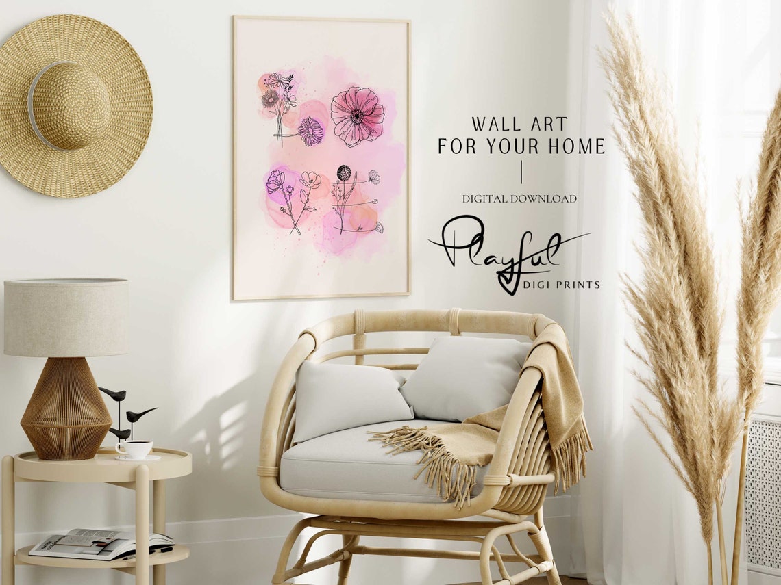 Pink Watercolor Floral Botanical Line Art Delicate Flower Wall Poster - Image 5