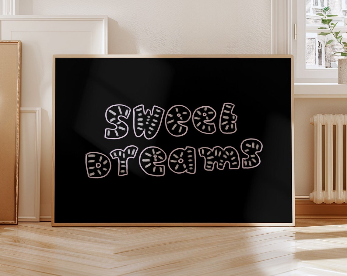 Sweet Dreams Hand Lettered Black Bedroom Wall Quote Art Poster
