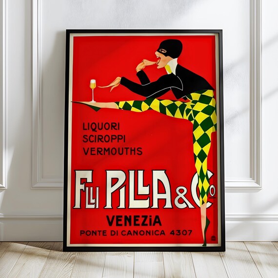 Flli Pilla Co Venezia Vermouth Poster Red Art Deco Harlequin Bar Decor