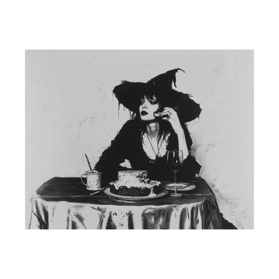 Gothic Witch Eating Cake Black White Wine Table Halloween Art Poster - Image 4
