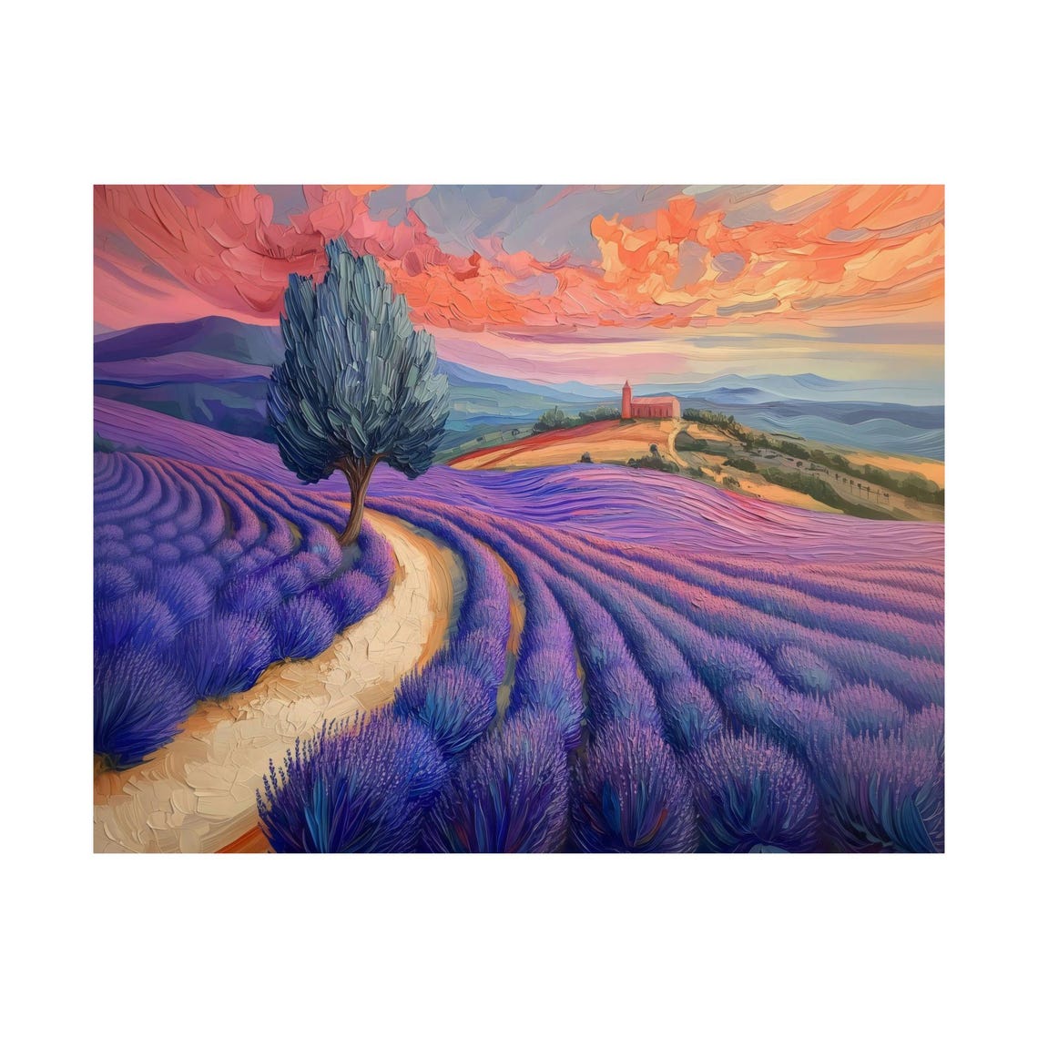 Winding Path Through Rolling Lavender Fields at a Pink Sunset Poster - Image 3
