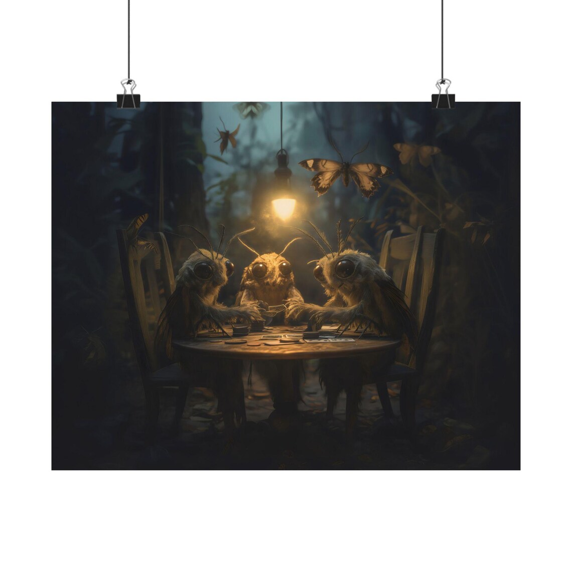 Moths Playing Cards at a Midnight Table in a Dark Forest Fantasy Art Poster
