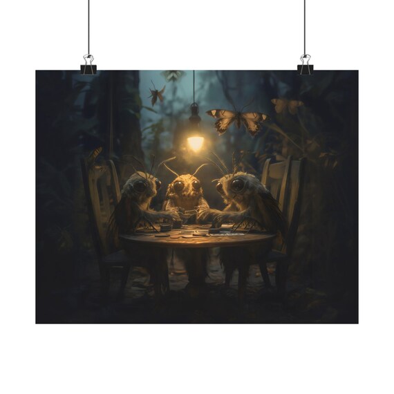 Moths Playing Cards at a Midnight Table in a Dark Forest Fantasy Art Poster