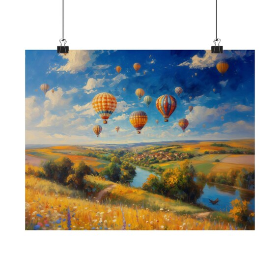 Hot Air Balloons River Valley Golden Countryside Whimsical Sky Poster