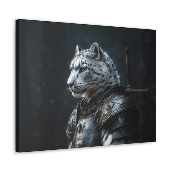 Maximalist Eclectic Medieval Snow Leopard Knight Print Bold Altered Animal Portrait Fantasy Colorful Renaissance Rustic Art