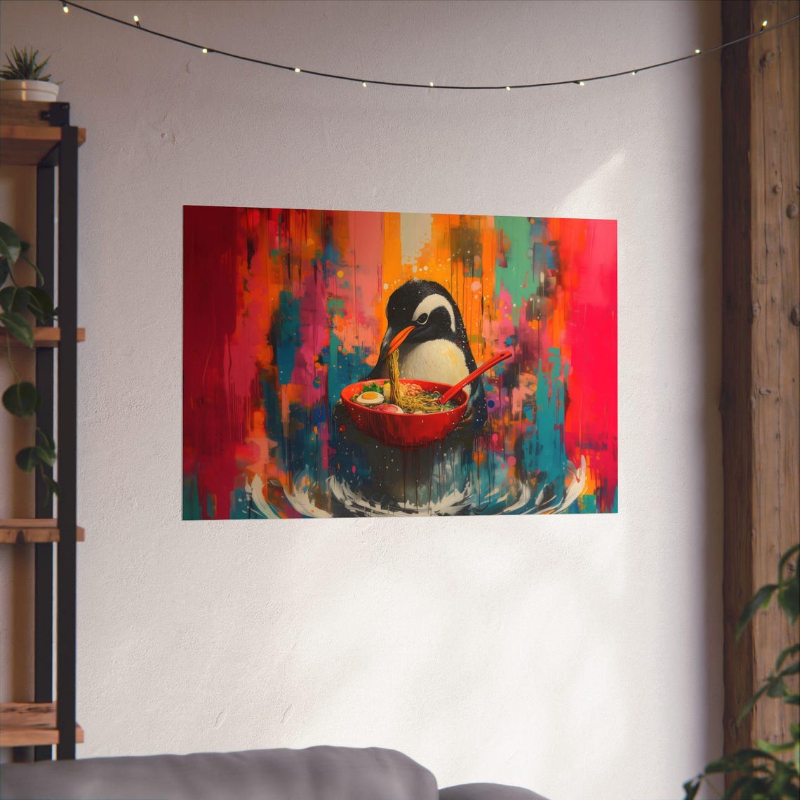 Penguin Eating Noodles Vibrant Drip Paint Expressionist Wall Print - Image 2