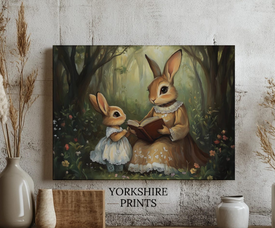 Cute Easter Bunny Reading Book Easter Bunny And Baby Wall Art Spring Bunny Rabbit Family Easter Rabbit Wall Art Easter Bunny Family Art - Image 3