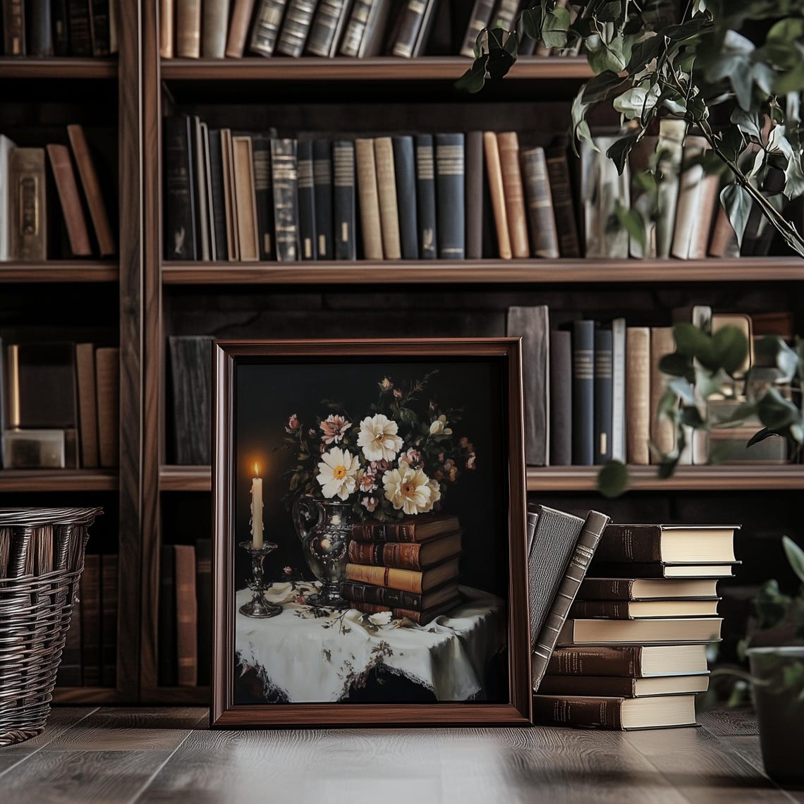 Vintage Floral Still Life With Candle Print Moody Botanical Wall Art Floral Oil Painting Moody Flower Artwork For Living Room - Image 2