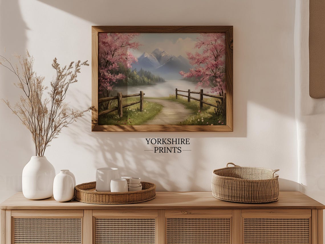 Pink Cherry Blossom Snow Mountain Lake Path Spring Landscape Poster - Image 3