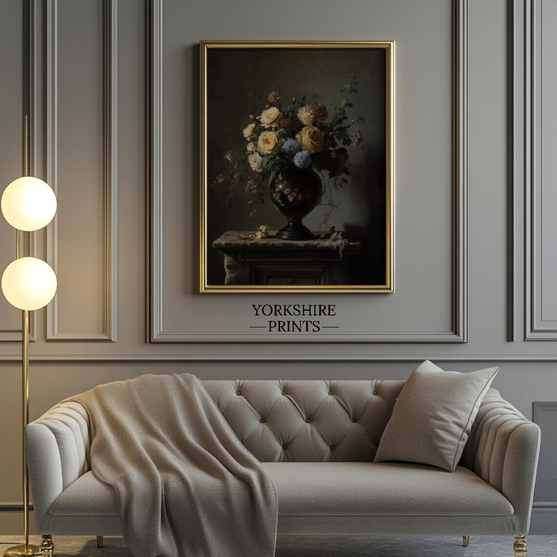 Antique Yellow Rose Bouquet Dark Urn Moody Floral Still Life Poster - Image 3