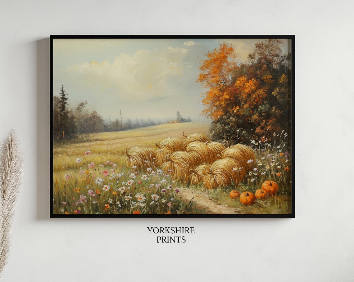 Autumn Harvest Hay Bales Pumpkin Field Fall Countryside Art Poster - Image 2