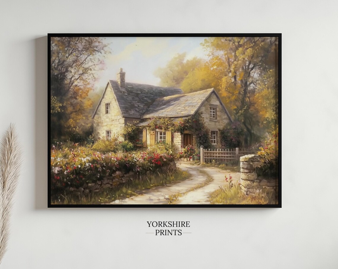 Stone Cottage Flower Garden Country Lane Autumn Trees Art Poster - Image 2