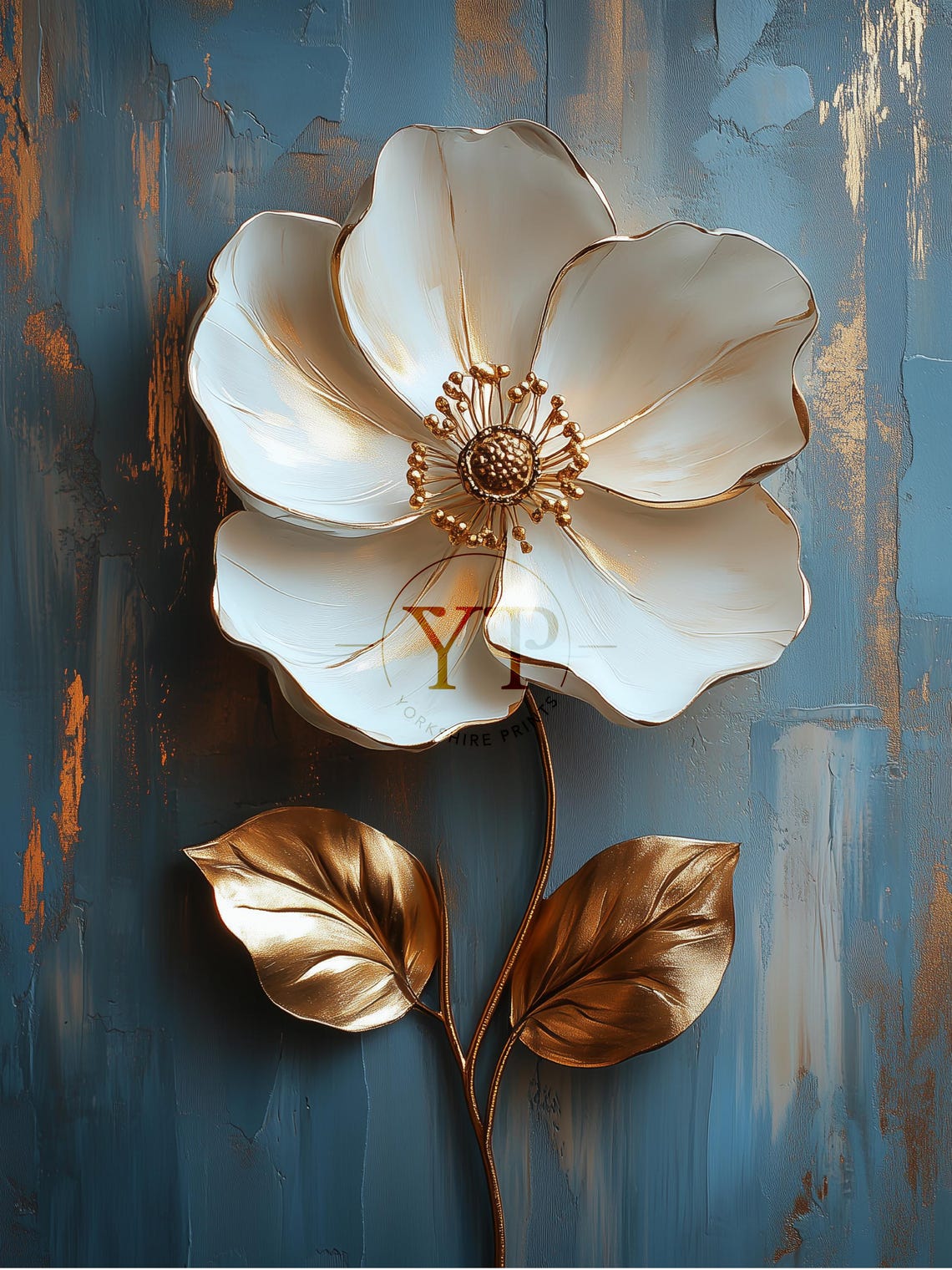 White And Gold Metallic Flower On Textured Blue Modern Art Poster - Image 3