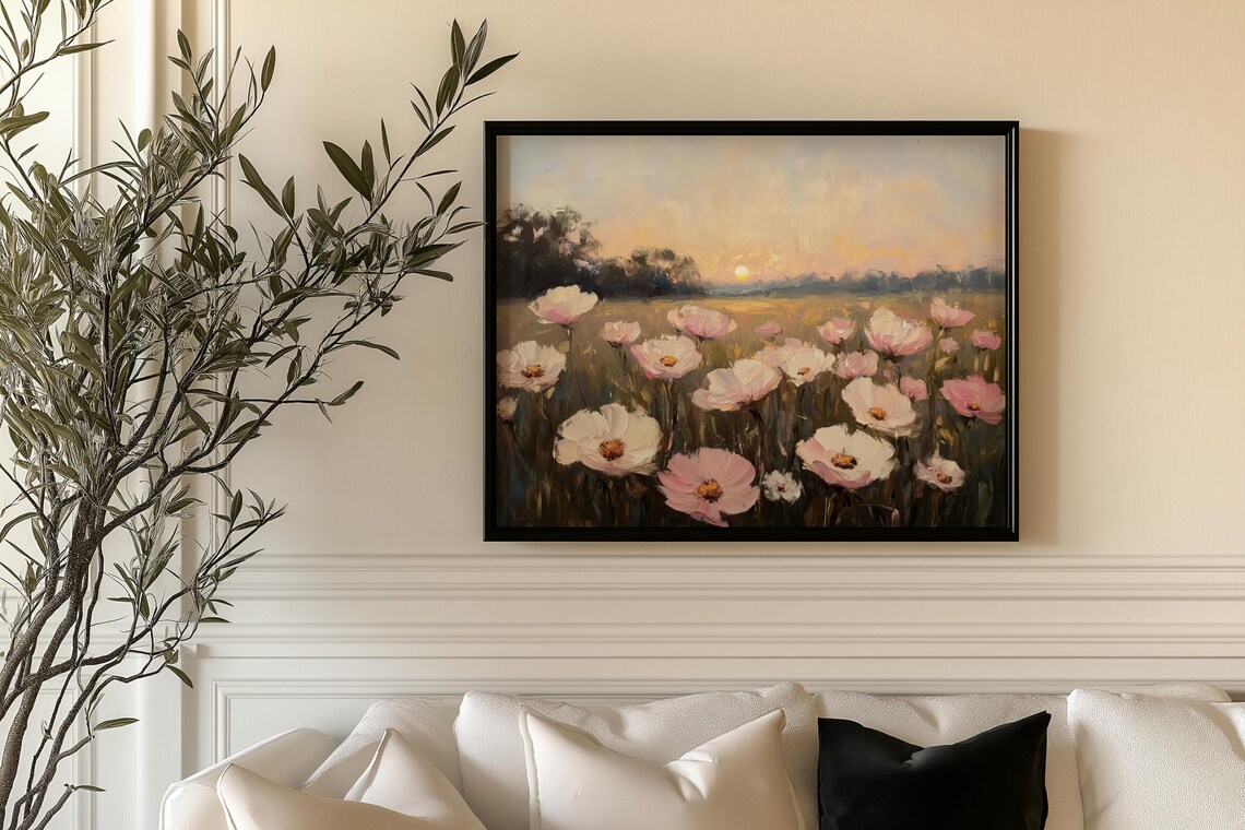 Vintage Pastel Pink Wildflower Spring Landscape Poster - Image 3