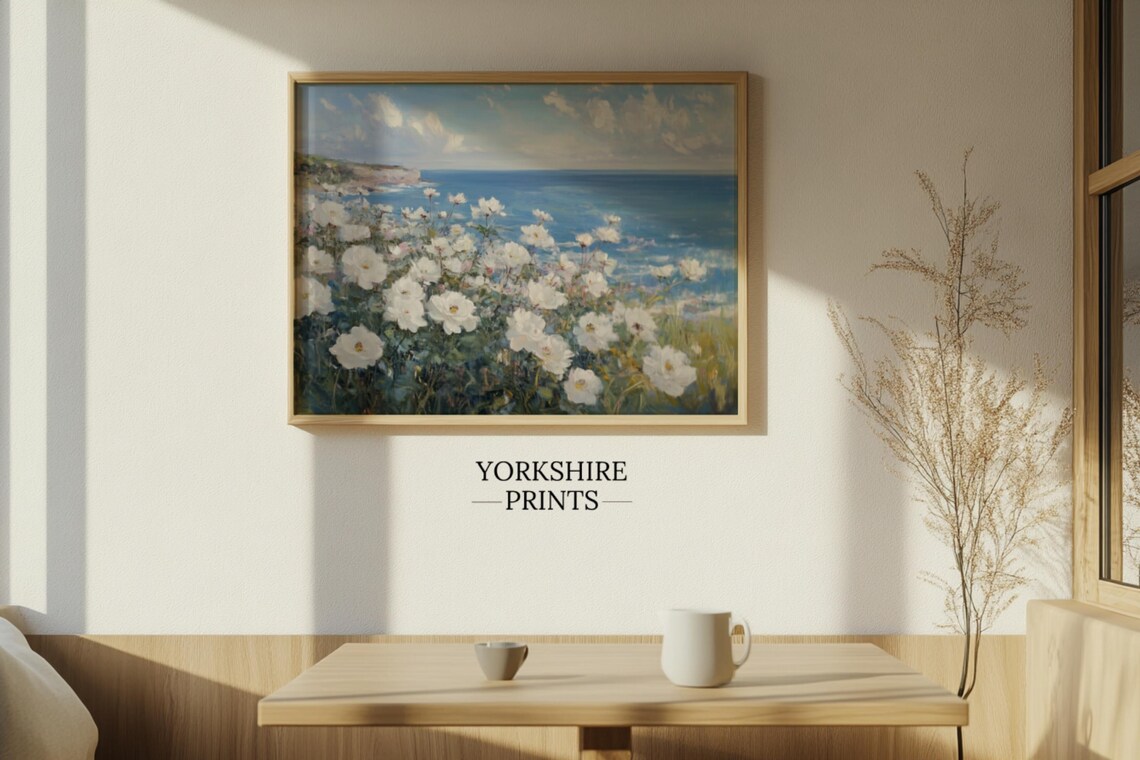White Wild Roses Ocean Cliff Summer Coastal Garden Art Poster - Image 3